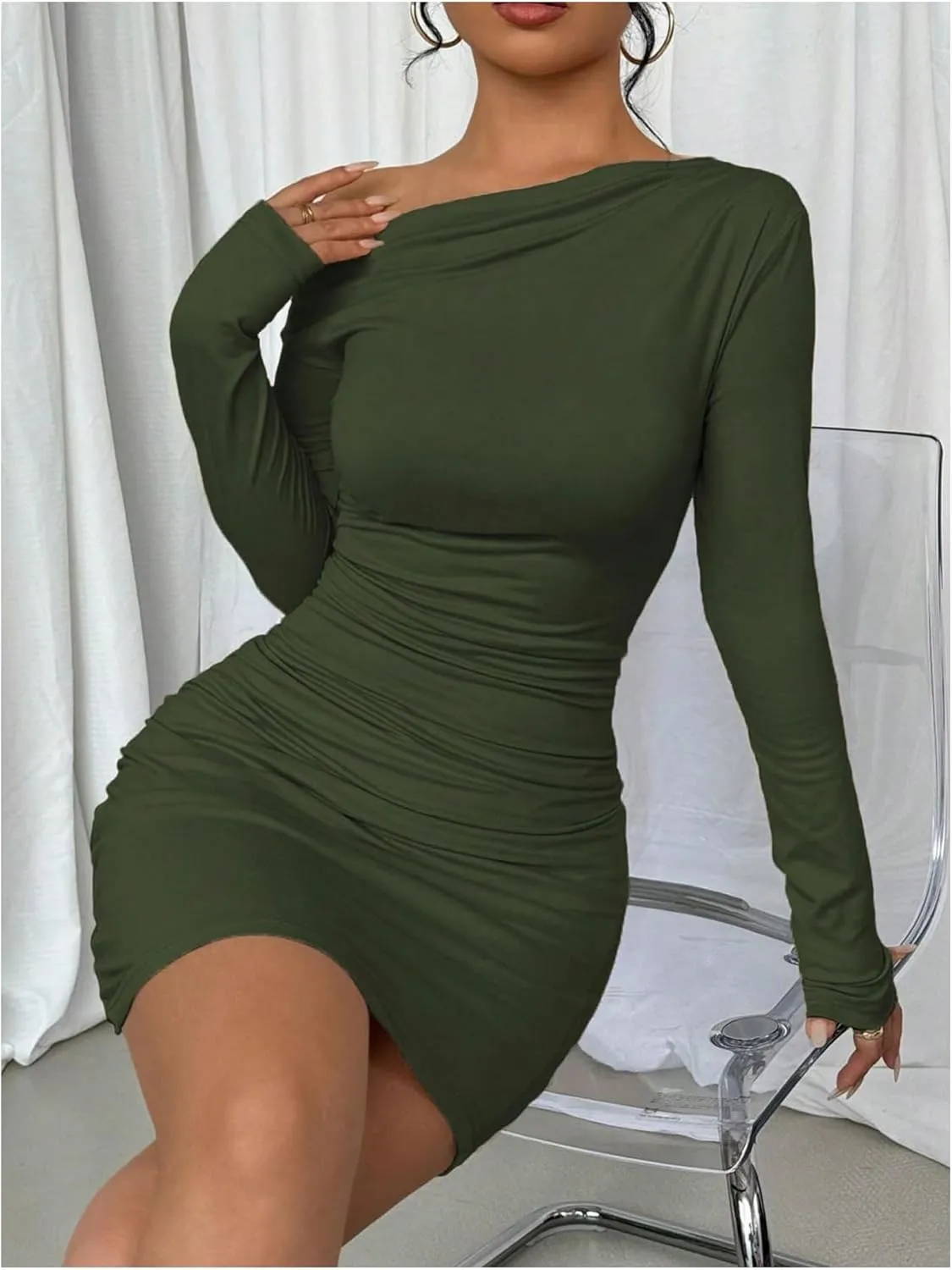 SOLY HUX Women's Ruched Bodycon Mini Dress Off The Shoulder Long Sleeve Fall Dresses