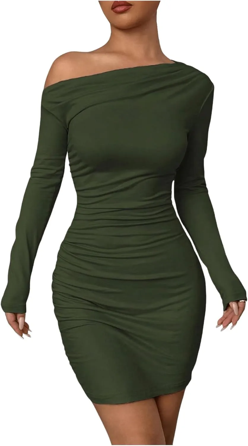 SOLY HUX Women's Ruched Bodycon Mini Dress Off The Shoulder Long Sleeve Fall Dresses