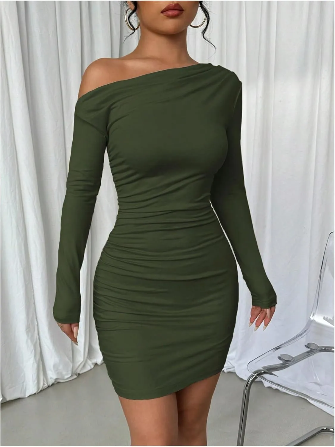 SOLY HUX Women's Ruched Bodycon Mini Dress Off The Shoulder Long Sleeve Fall Dresses