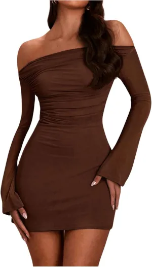 SOLY HUX Women's Ruched Off The Shoulder Bodycon Mini Dress Long Sleeve Party Dresses