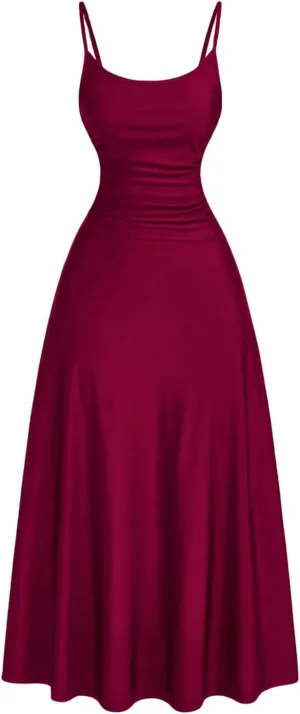 SOLY HUX Women's Sleeveless Cami Dress Spaghetti Strap Ruched A Line Flared Elegant Long Dresses