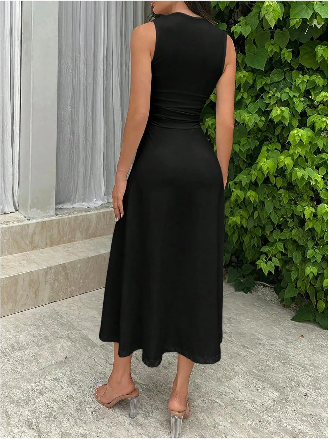 SOLY HUX Women's Square Neck Formal Dress Sleeveless Flowy A Line Ruched Waist Elegant Long Dresses