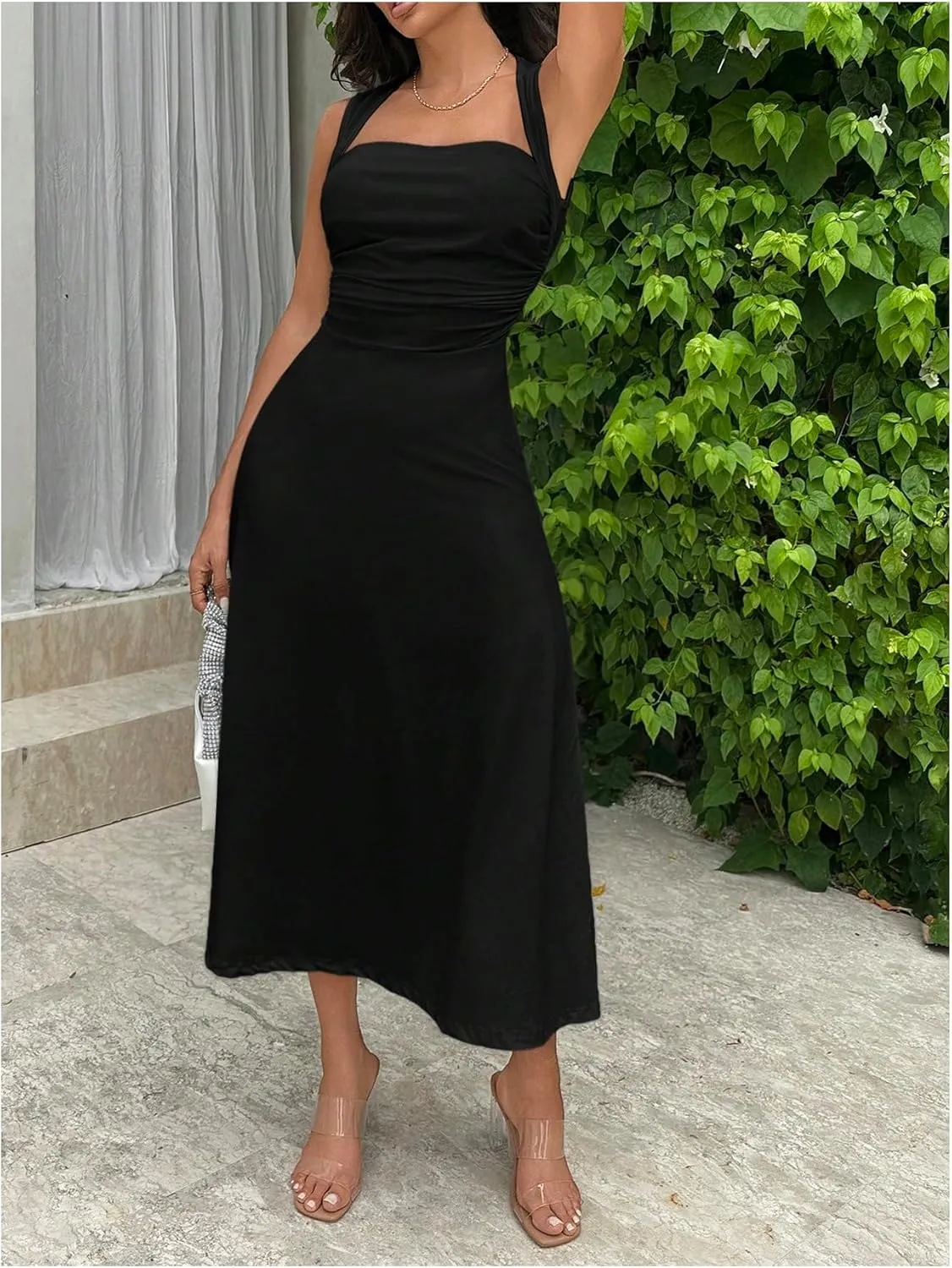 SOLY HUX Women's Square Neck Formal Dress Sleeveless Flowy A Line Ruched Waist Elegant Long Dresses