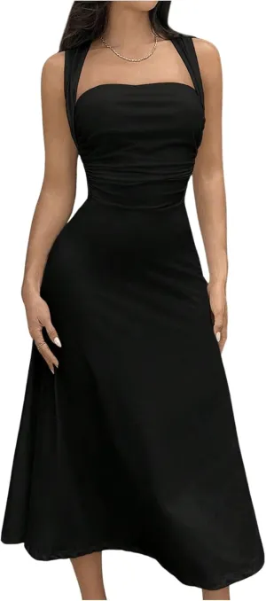 SOLY HUX Women's Square Neck Formal Dress Sleeveless Flowy A Line Ruched Waist Elegant Long Dresses