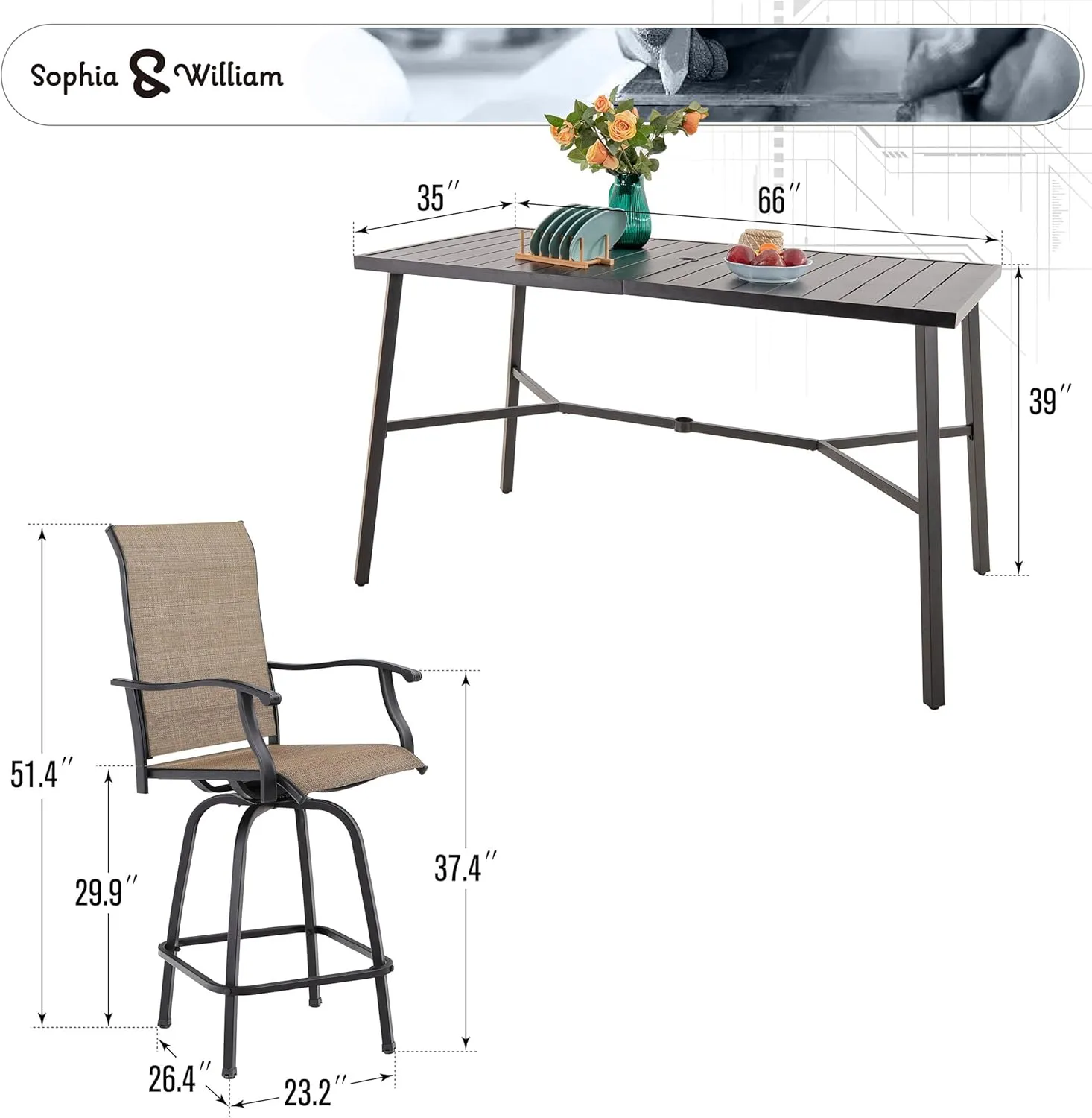 Sophia & William Outdoor Bar Set, Patio Bar Table and Chairs Set, Bar Height Patio Set - 4 x Swivel Bar Chairs(Brown), 1 x Rectangular Bar Table(Black)