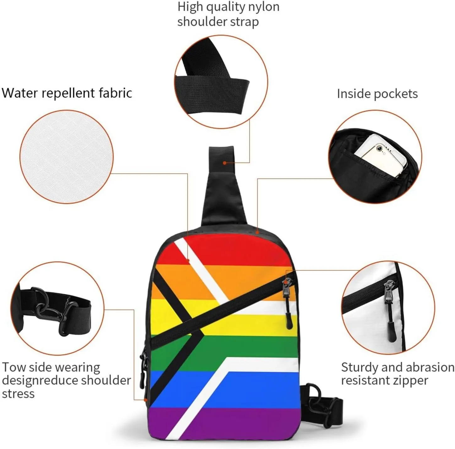 South Africa LGBT Rainbow Gay Pride Flag Crossbody Bag Portable Sling Bags Foldable Chest Daypack Reusable Sports Shoulder Backpack Diagonally Casual Rucksack Travel Bag