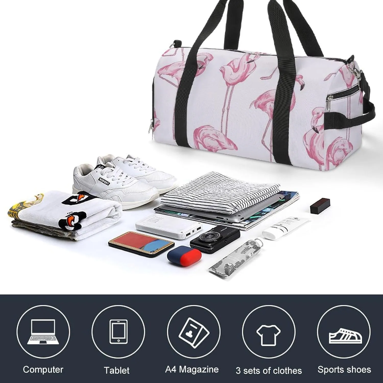 Sport Gym Duffel with Shoe Compartment Wet Pocket, Colorful-pink-flamingos Shoulder Travel Bag for Women Men, style