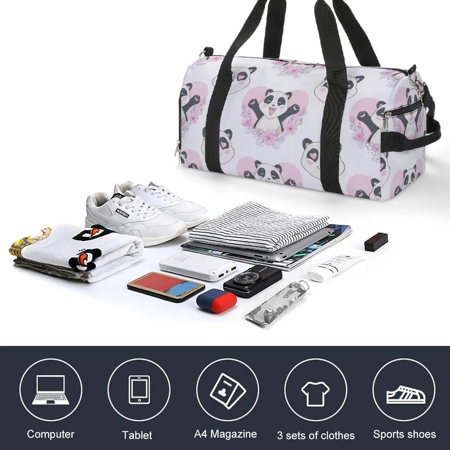 Sport Gym Duffel with Shoe Compartment Wet Pocket, Cute-panda-heads-animal Shoulder Travel Bag for Women Men, style-4