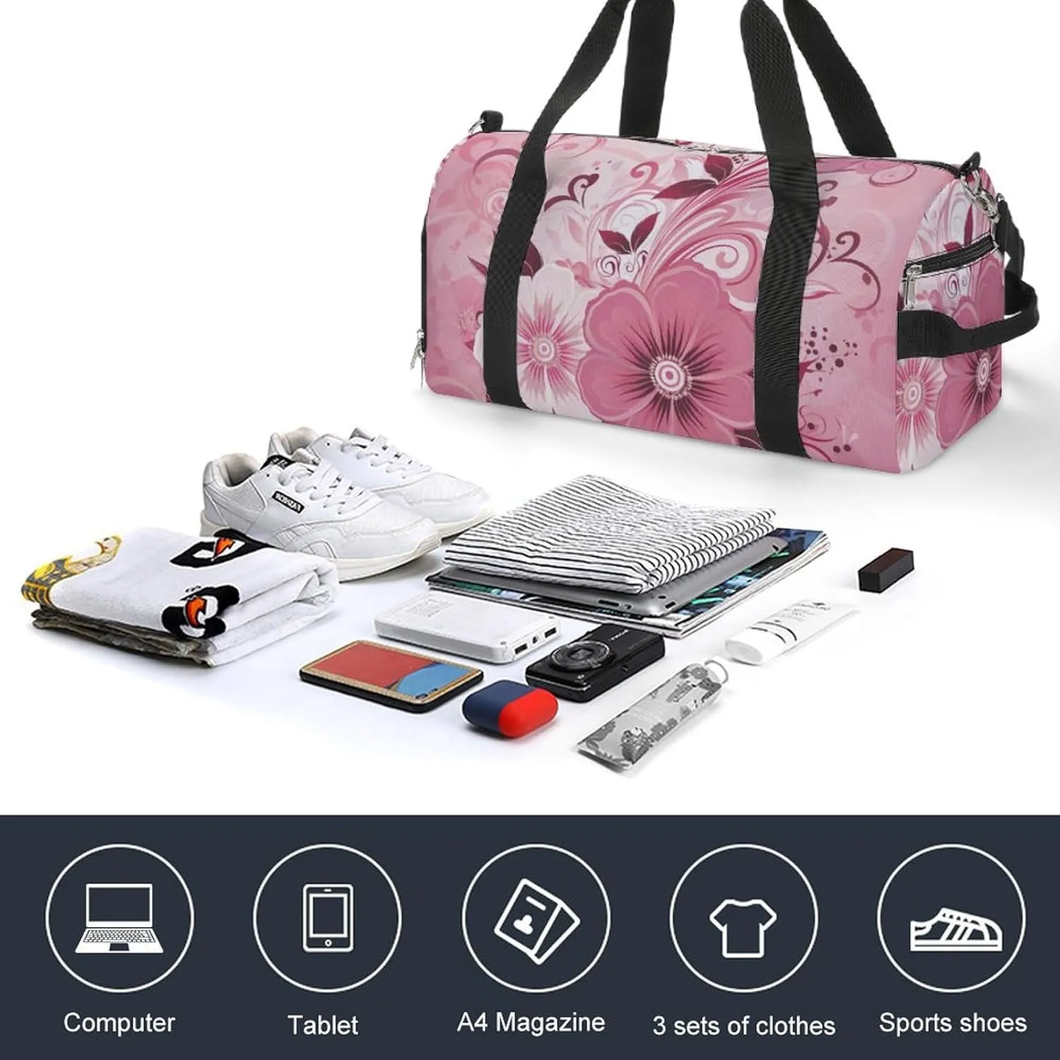 Sport Gym Duffel with Shoe Compartment Wet Pocket, Flowers-pink Shoulder Travel Bag for Women Men