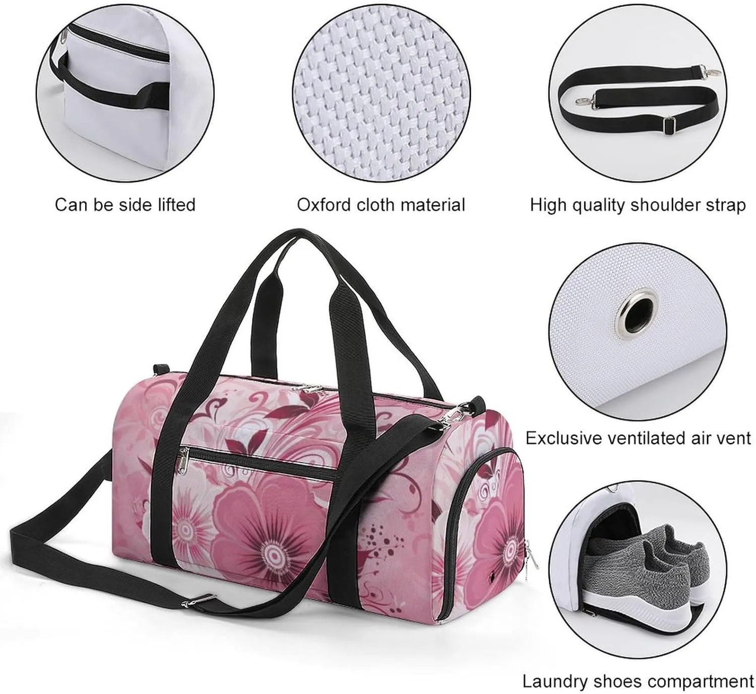 Sport Gym Duffel with Shoe Compartment Wet Pocket, Flowers-pink Shoulder Travel Bag for Women Men