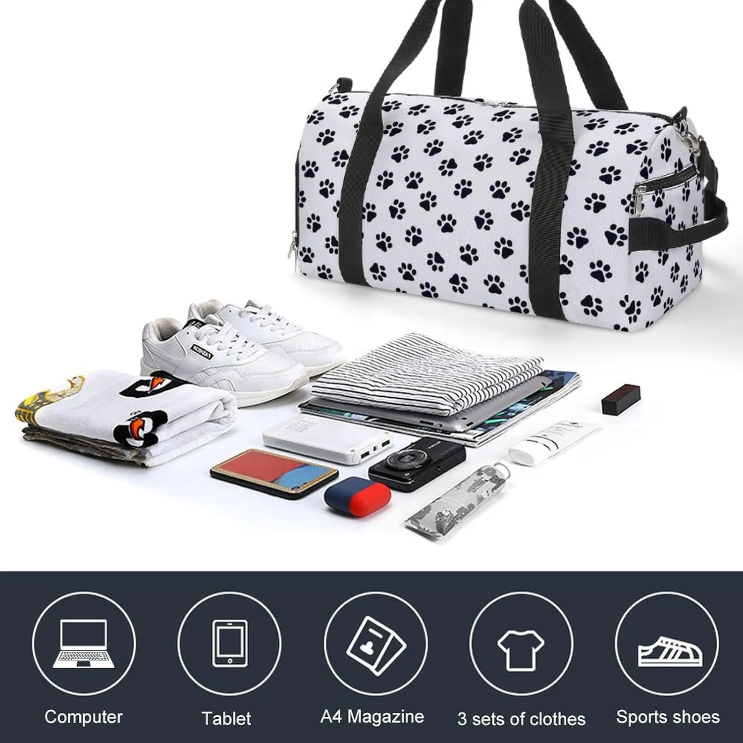 Sport Gym Duffel with Shoe Compartment Wet Pocket, Footprints-dog-cats-print Shoulder Travel Bag for Women Men
