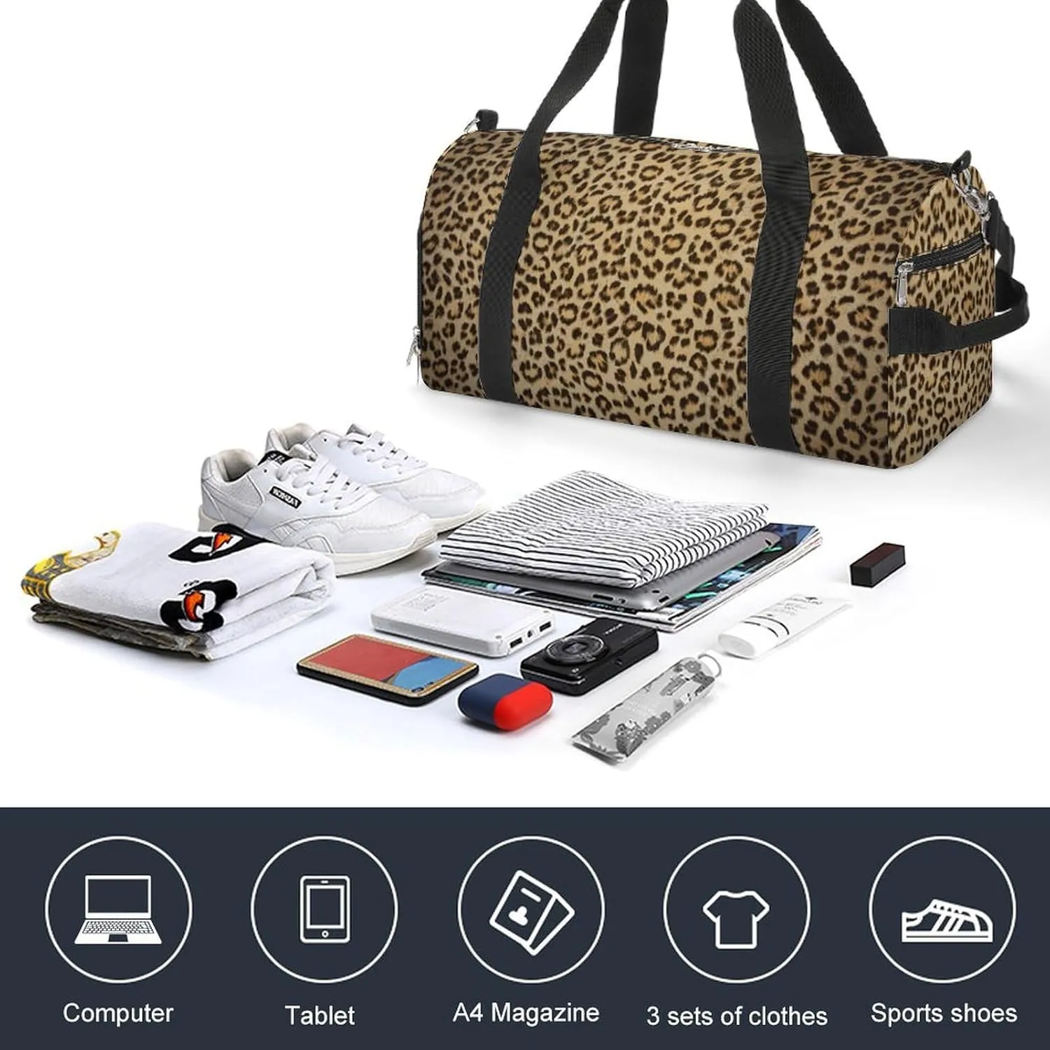 Sport Gym Duffel with Shoe Compartment Wet Pocket, Leopard-skin-background Shoulder Travel Bag for Women Men
