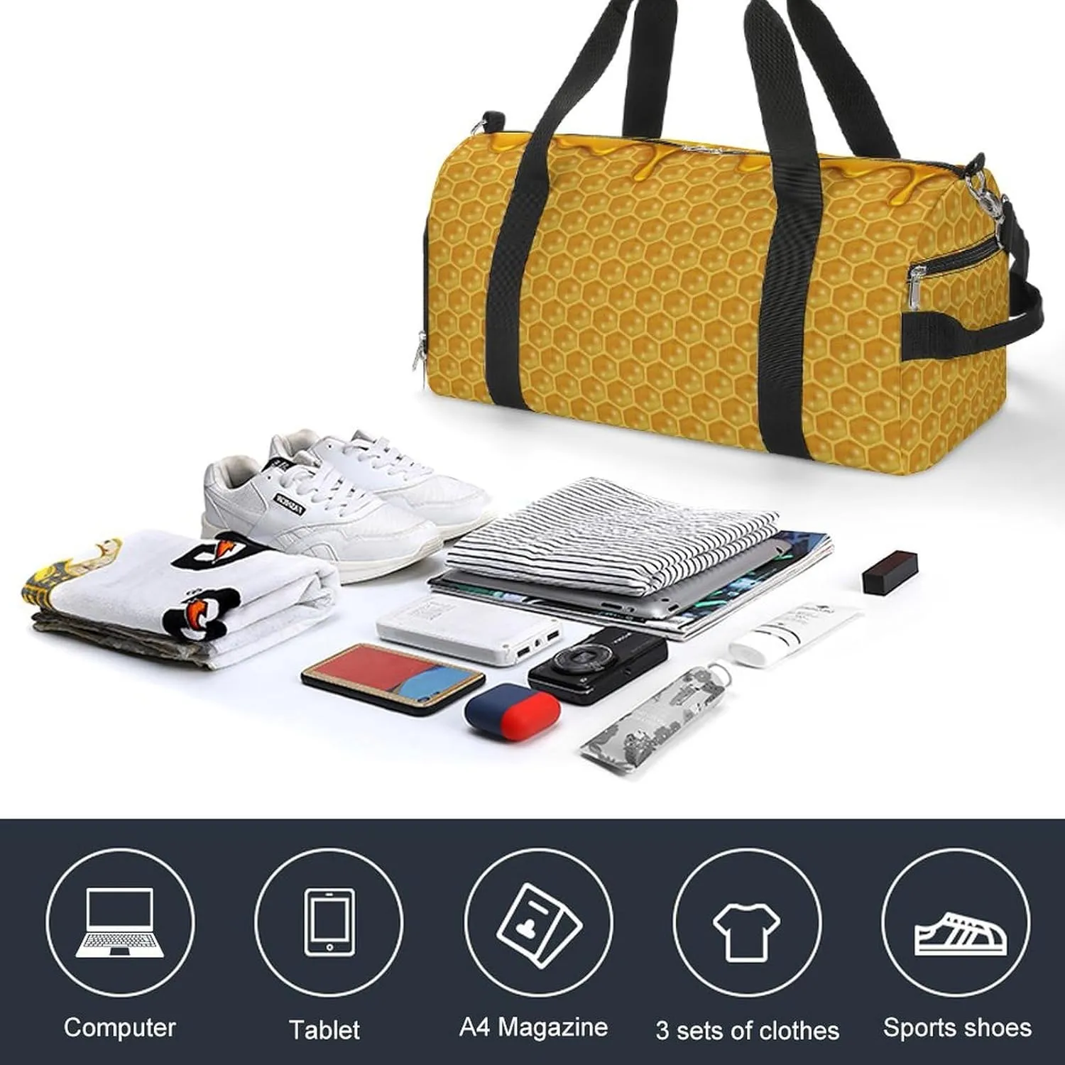 Sport Gym Duffel with Shoe Compartment Wet Pocket, Liquid Honey Pattern Shoulder Travel Bag for Women Men