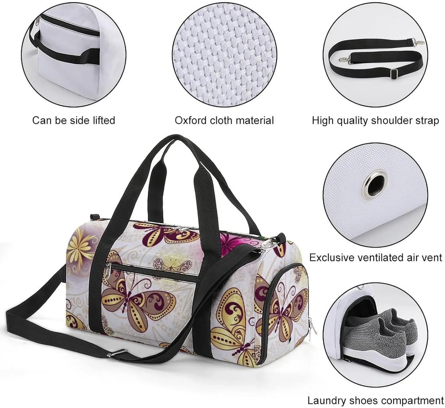 Sport Gym Duffel with Shoe Compartment Wet Pocket, Spring-colorful-butterflies Shoulder Travel Bag for Women Men, style-3