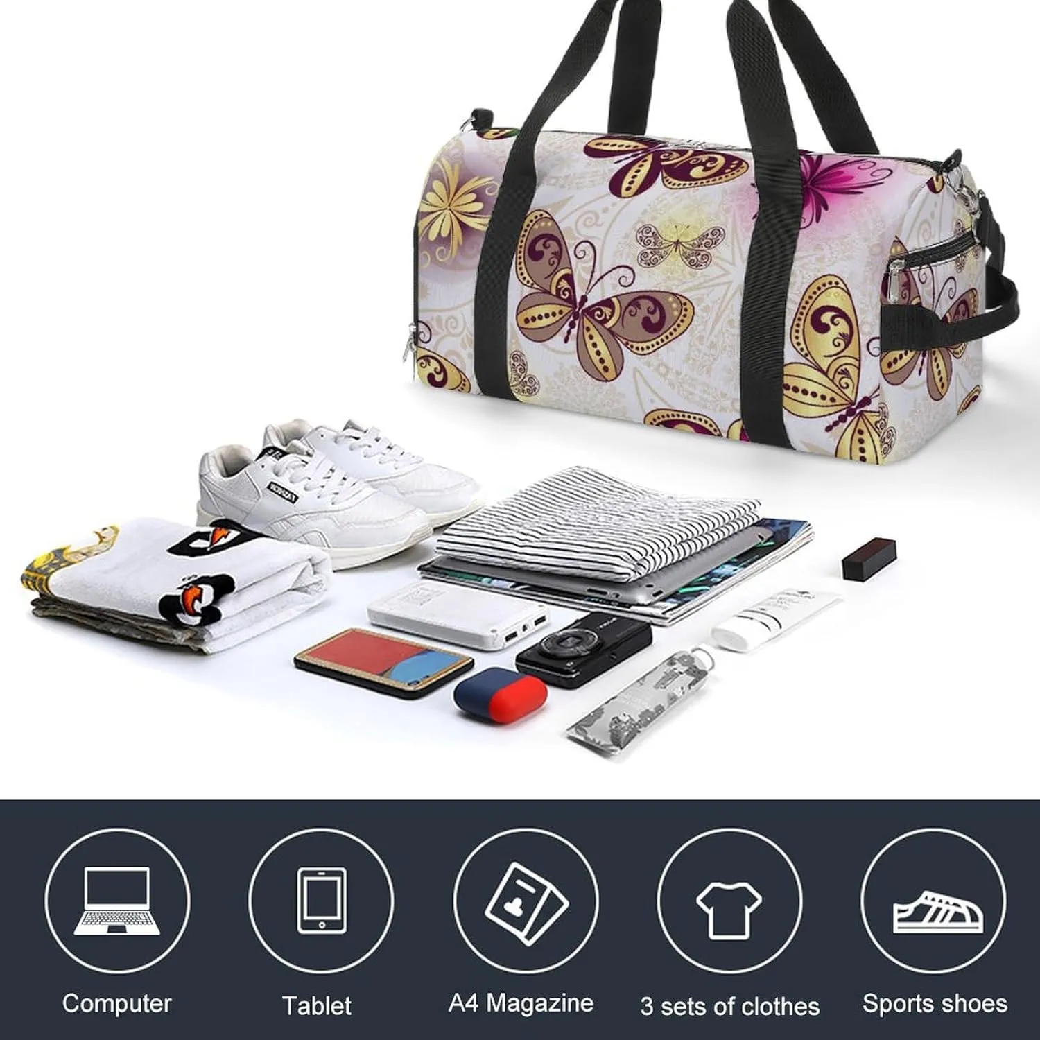 Sport Gym Duffel with Shoe Compartment Wet Pocket, Spring-colorful-butterflies Shoulder Travel Bag for Women Men, style-3