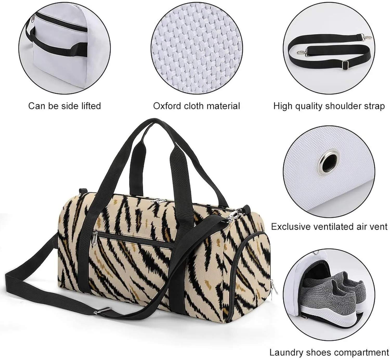 Sport Gym Duffel with Shoe Compartment Wet Pocket, Tigers Texture Striped Shoulder Travel Bag for Women Men