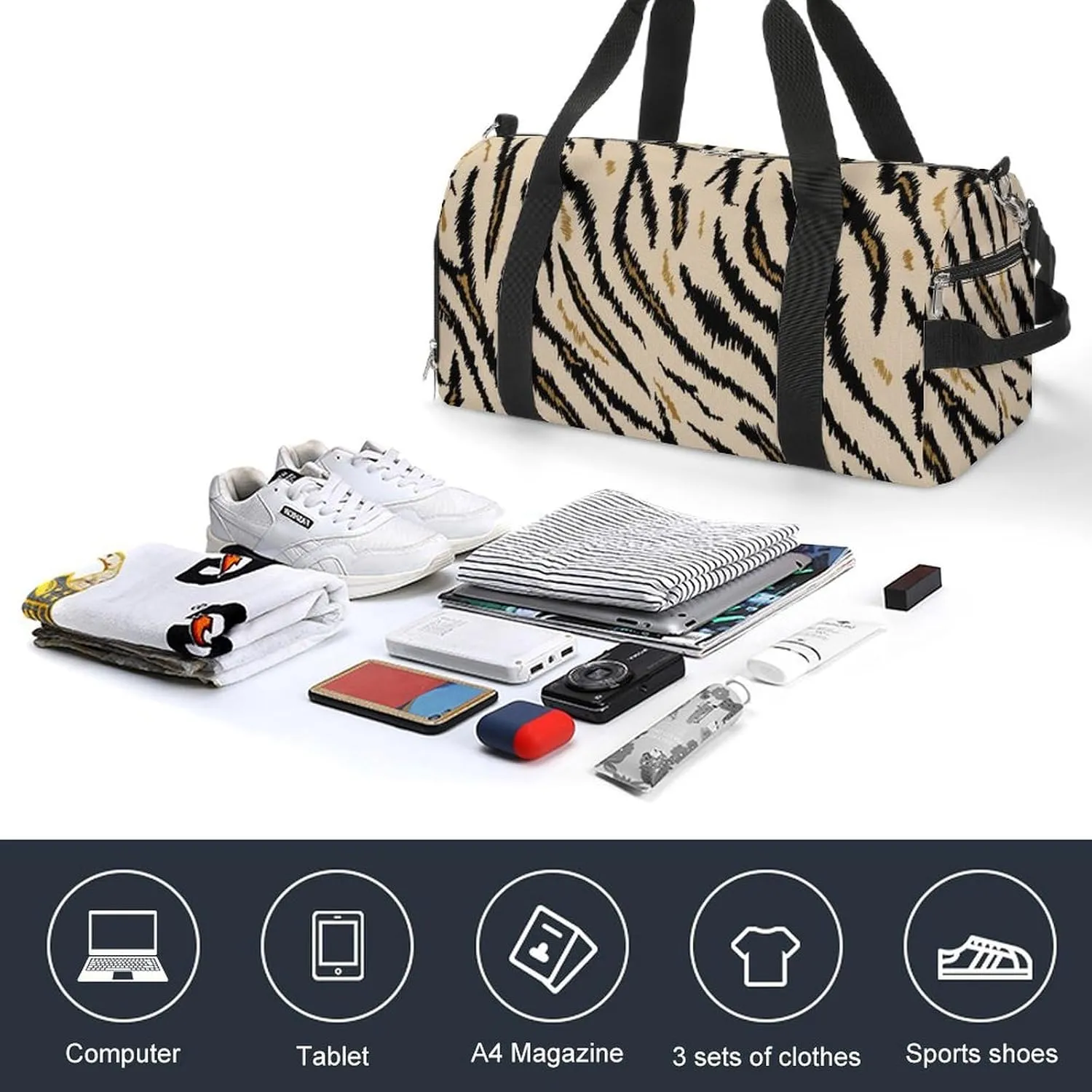 Sport Gym Duffel with Shoe Compartment Wet Pocket, Tigers Texture Striped Shoulder Travel Bag for Women Men