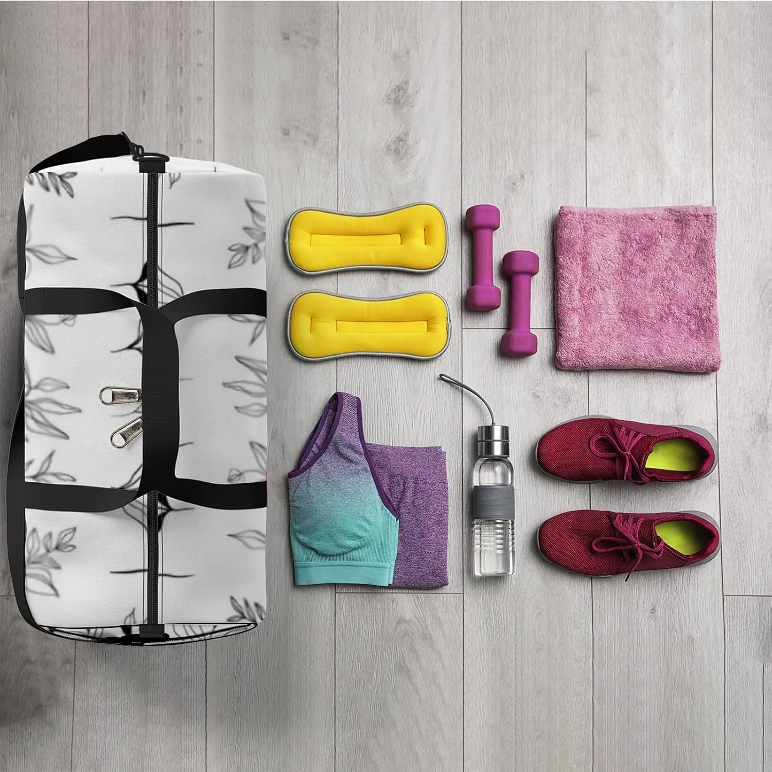 Sports Gym Bag for Women and Men Waterproof Abstract Line Art Floral Elements Doodle Shapes Duffel Bag Lightweight Carryon Traveling Boarding Gripsack