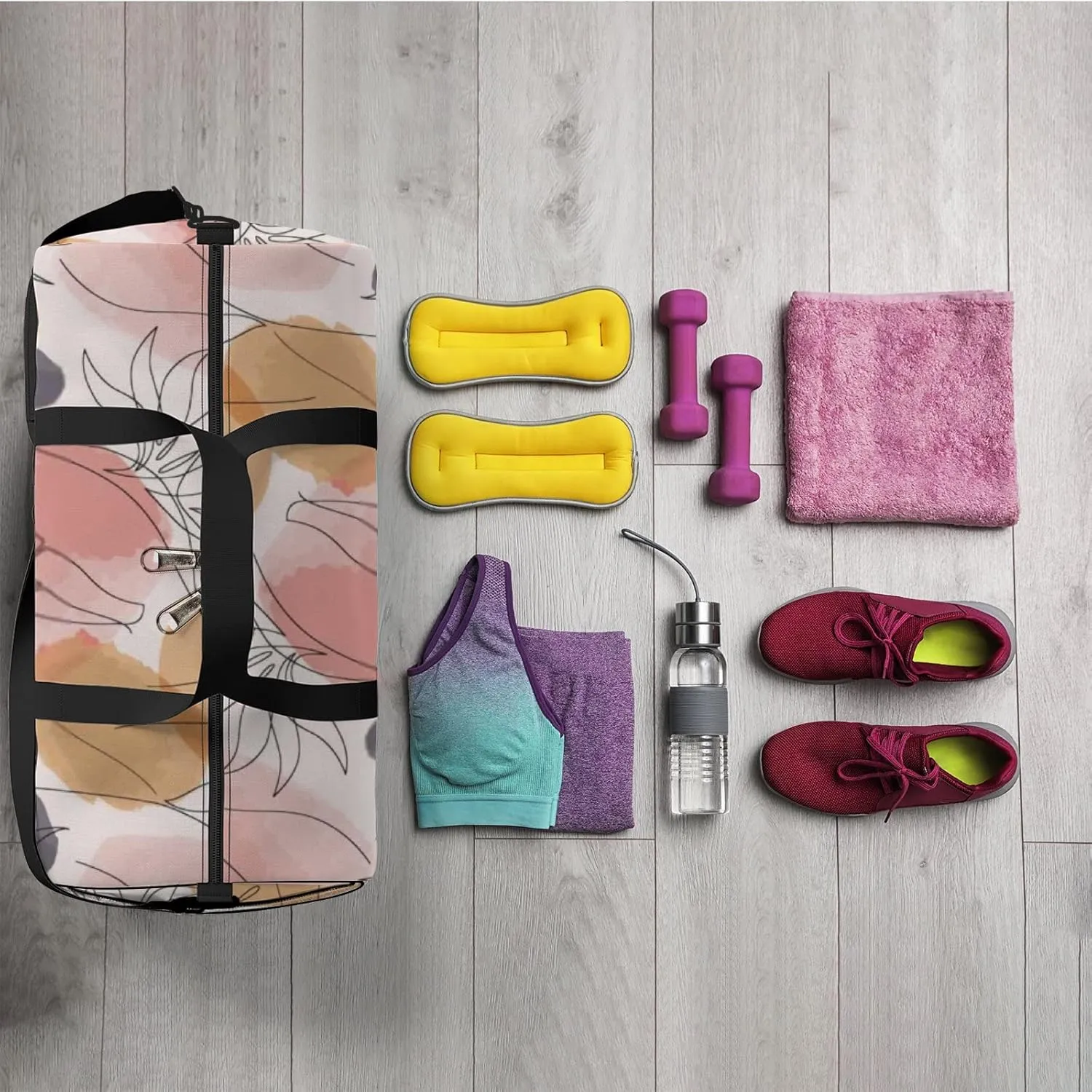 Sports Gym Bag for Women and Men Waterproof Abstract Tropical Leaf Flower Duffel Bag Lightweight Carryon Traveling Boarding Gripsack