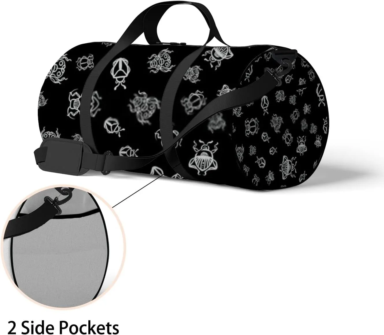 Sports Gym Bag for Women and Men Waterproof Black Pattern Duffel Bag Lightweight Carryon Traveling Boarding Gripsack