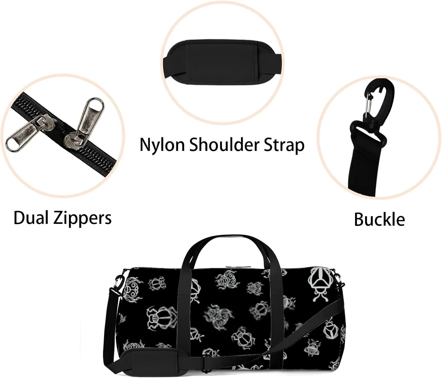 Sports Gym Bag for Women and Men Waterproof Black Pattern Duffel Bag Lightweight Carryon Traveling Boarding Gripsack
