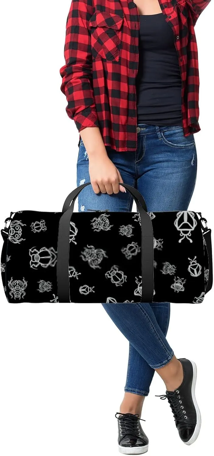 Sports Gym Bag for Women and Men Waterproof Black Pattern Duffel Bag Lightweight Carryon Traveling Boarding Gripsack