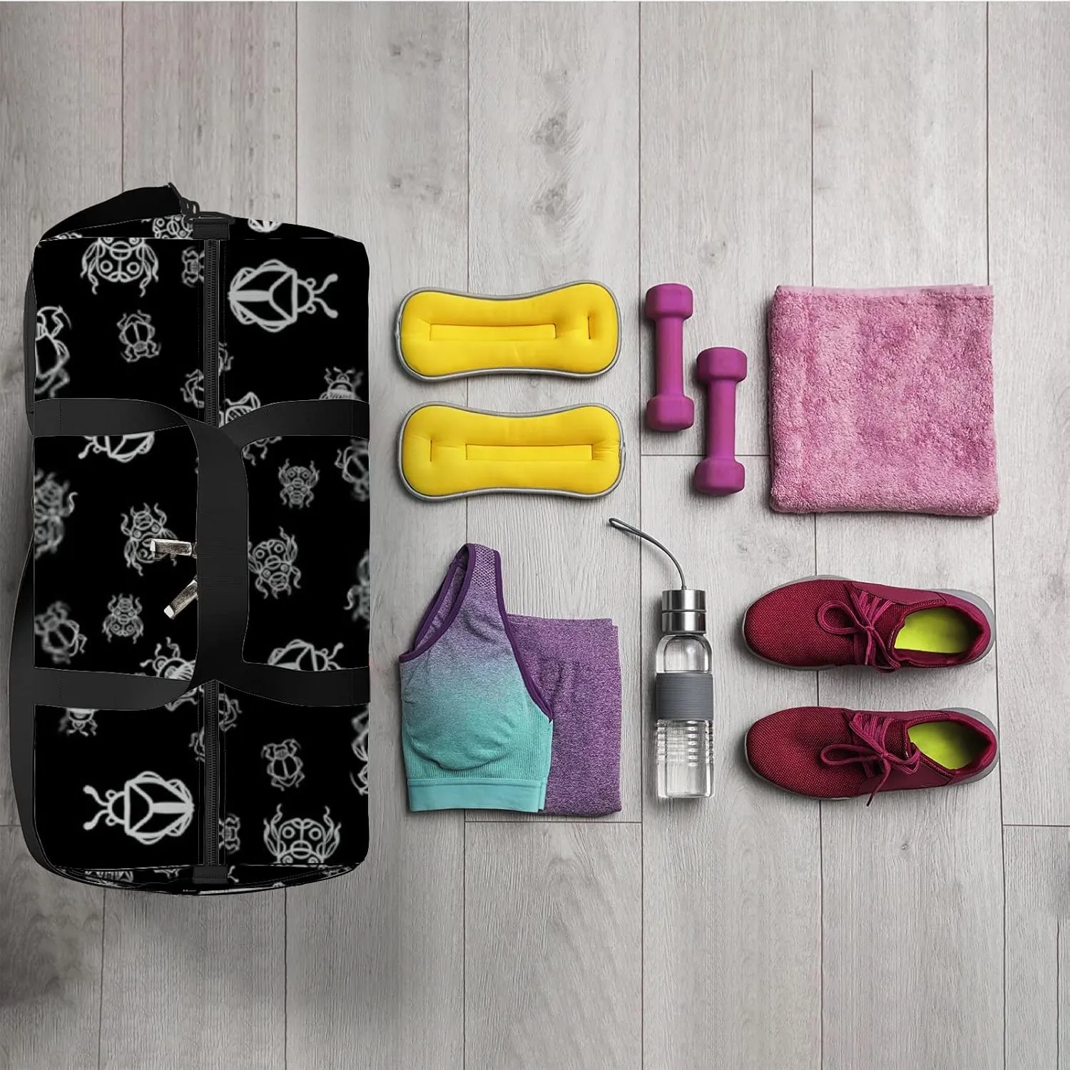 Sports Gym Bag for Women and Men Waterproof Black Pattern Duffel Bag Lightweight Carryon Traveling Boarding Gripsack