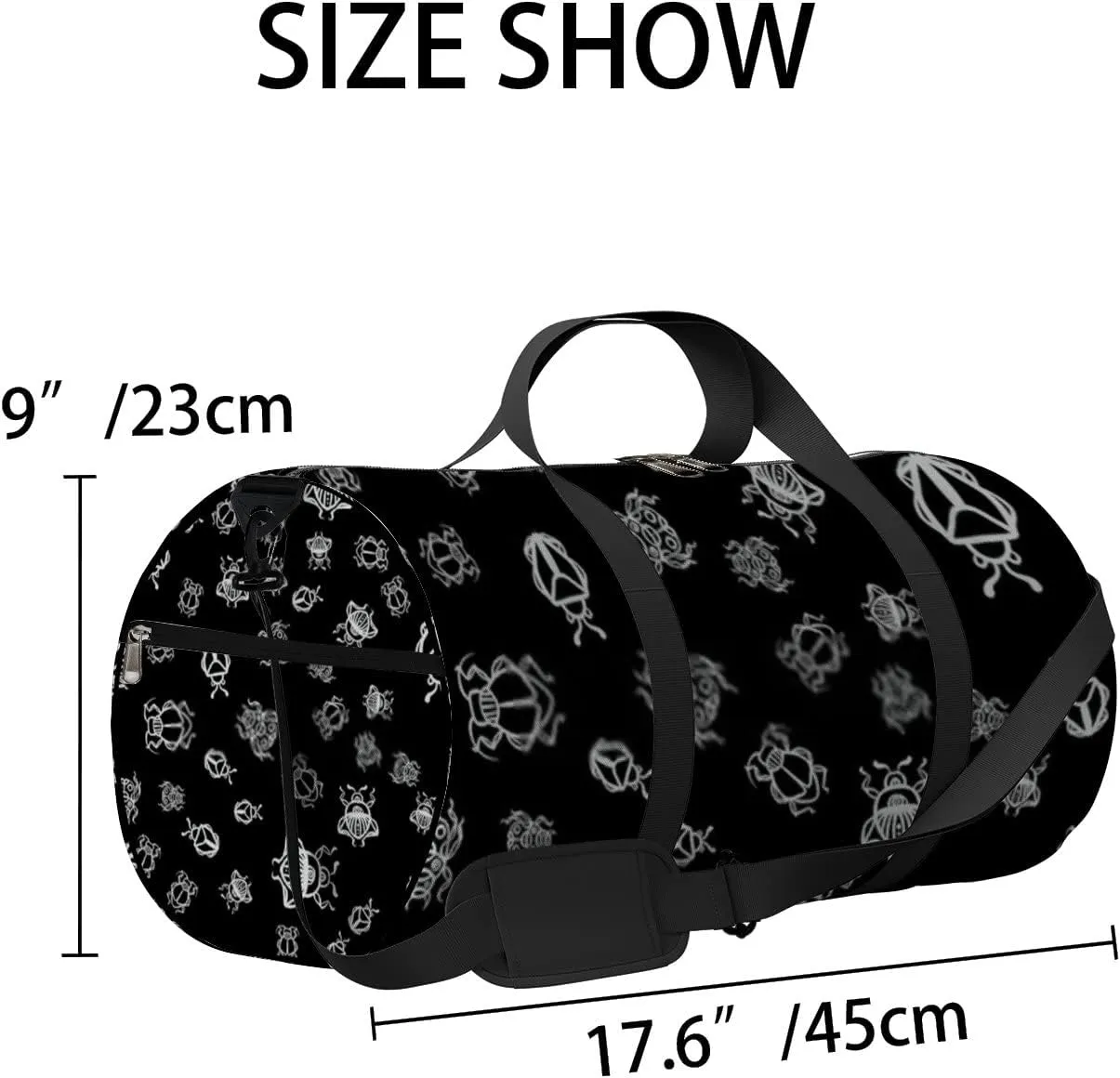 Sports Gym Bag for Women and Men Waterproof Black Pattern Duffel Bag Lightweight Carryon Traveling Boarding Gripsack