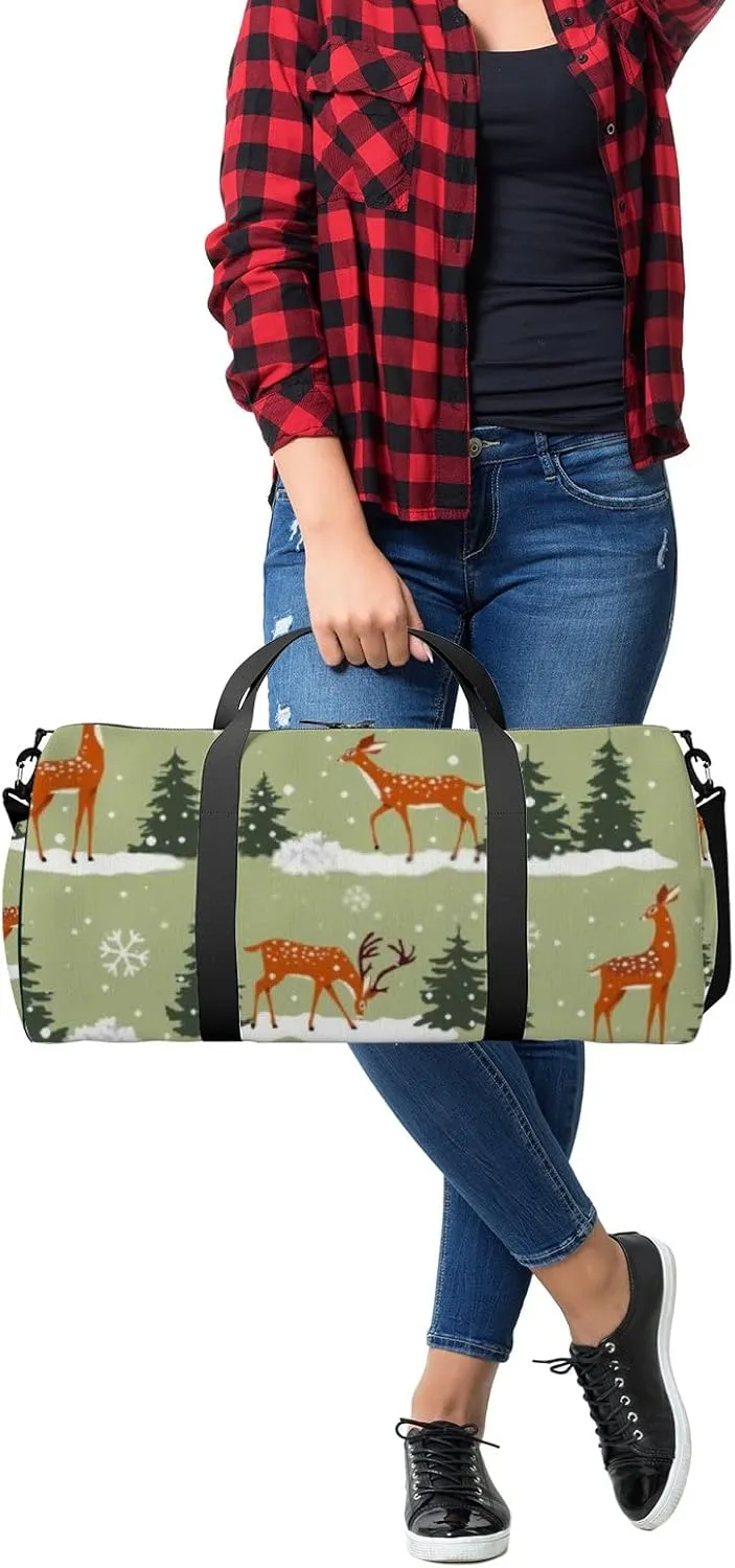 Sports Gym Bag for Women and Men Waterproof Cartoon Deers Christmas New Year Green Duffel Bag Lightweight Carryon Traveling Boarding Gripsack