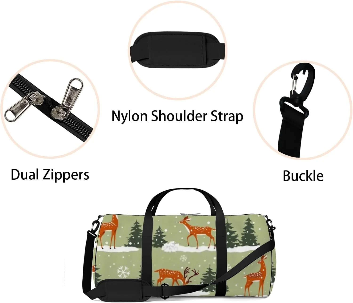 Sports Gym Bag for Women and Men Waterproof Cartoon Deers Christmas New Year Green Duffel Bag Lightweight Carryon Traveling Boarding Gripsack