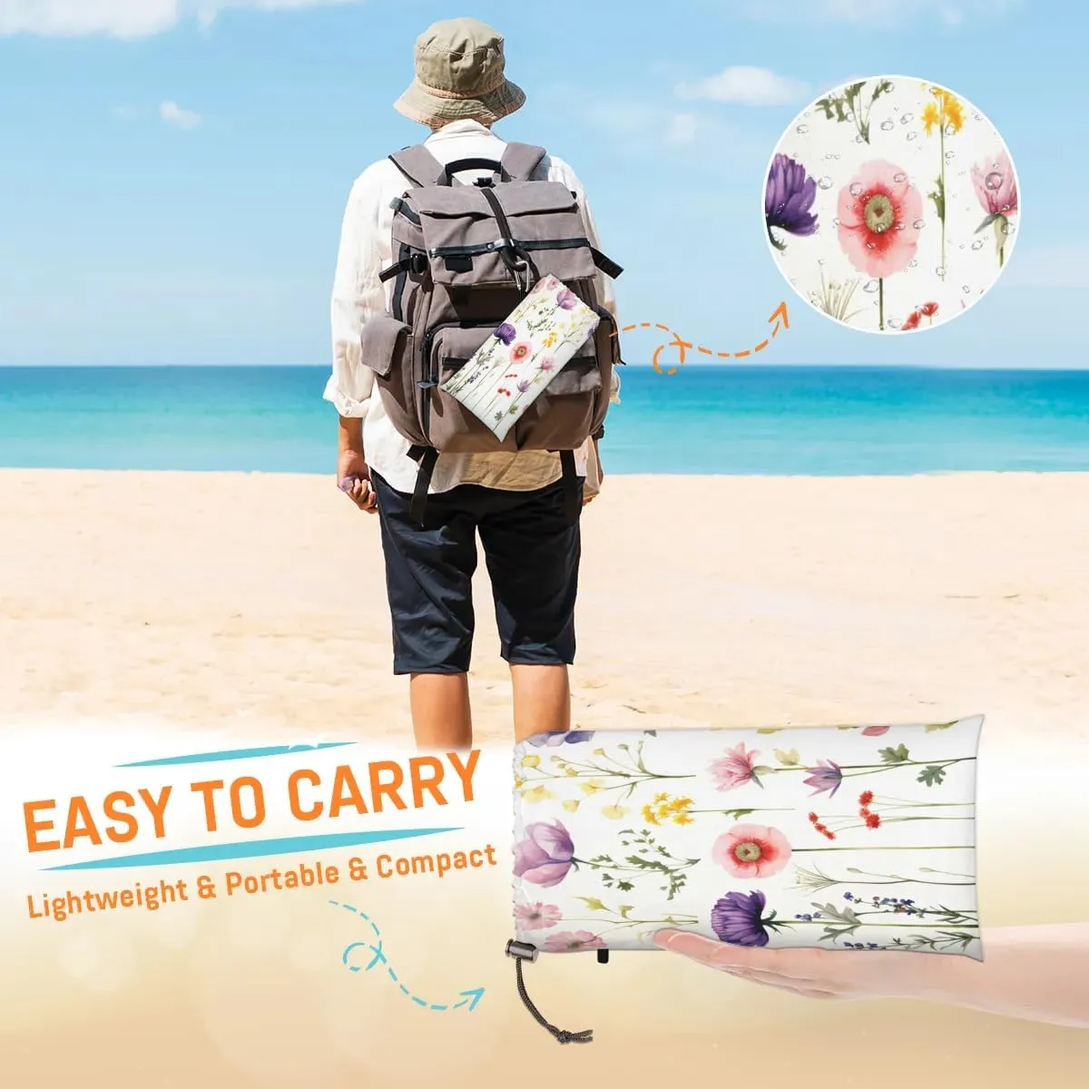Spring Summer Beach Blanket, Sandproof Beach Mat, 68 x 59 Waterproof Quick Drying Sand Free Mat with 4 x Ground Spikes for Outdoor Travel Camping Hiking, Floral Flowers