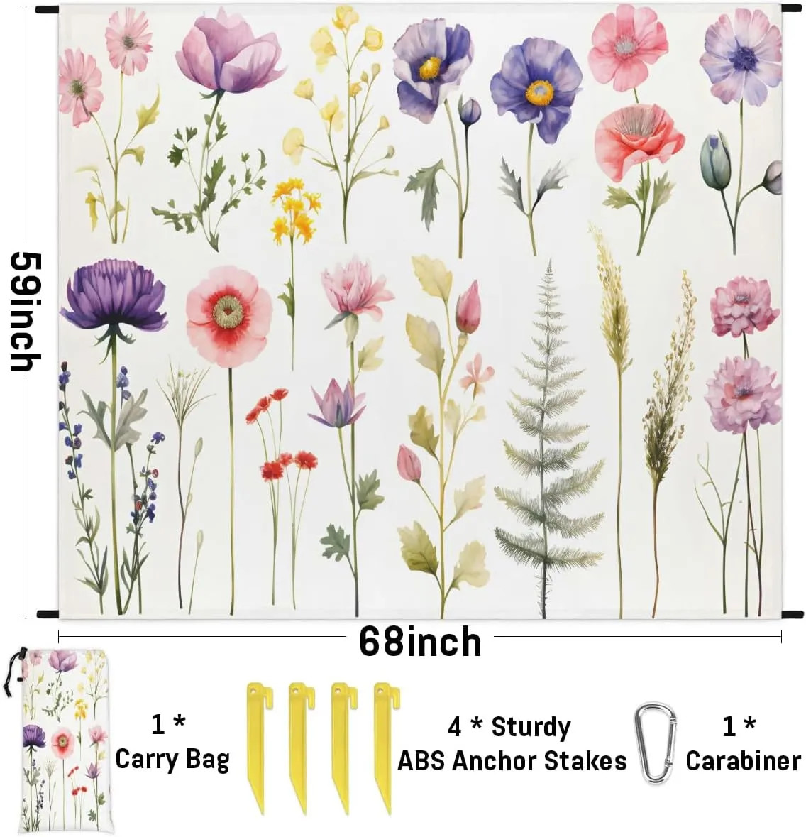 Spring Summer Beach Blanket, Sandproof Beach Mat, 68 x 59 Waterproof Quick Drying Sand Free Mat with 4 x Ground Spikes for Outdoor Travel Camping Hiking, Floral Flowers