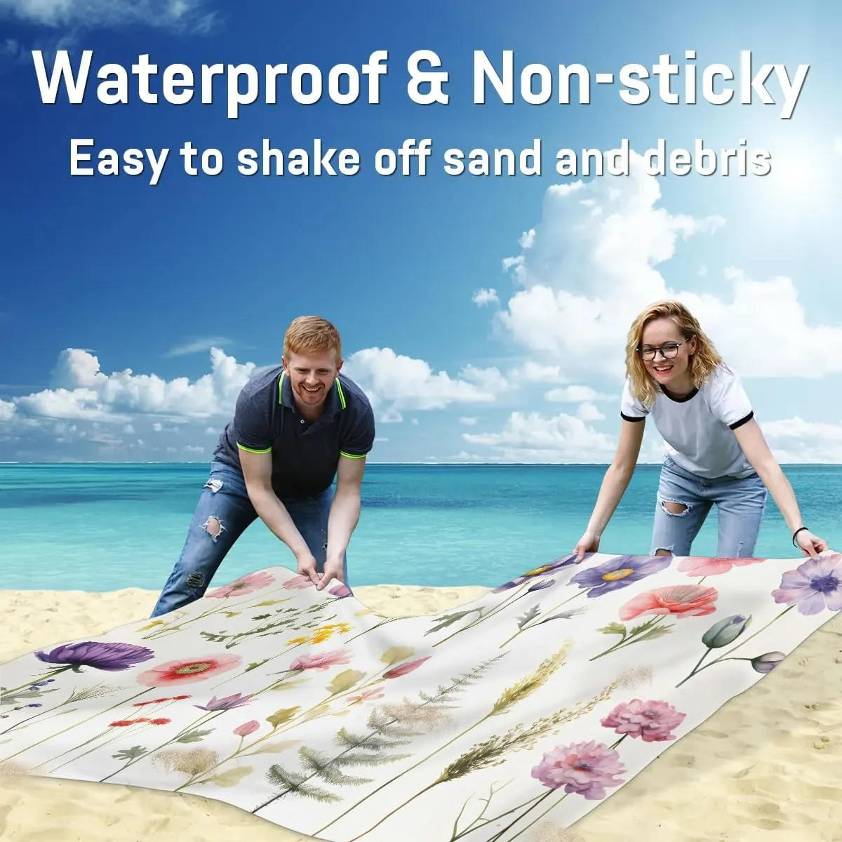 Spring Summer Beach Blanket, Sandproof Beach Mat, 68 x 59 Waterproof Quick Drying Sand Free Mat with 4 x Ground Spikes for Outdoor Travel Camping Hiking, Floral Flowers