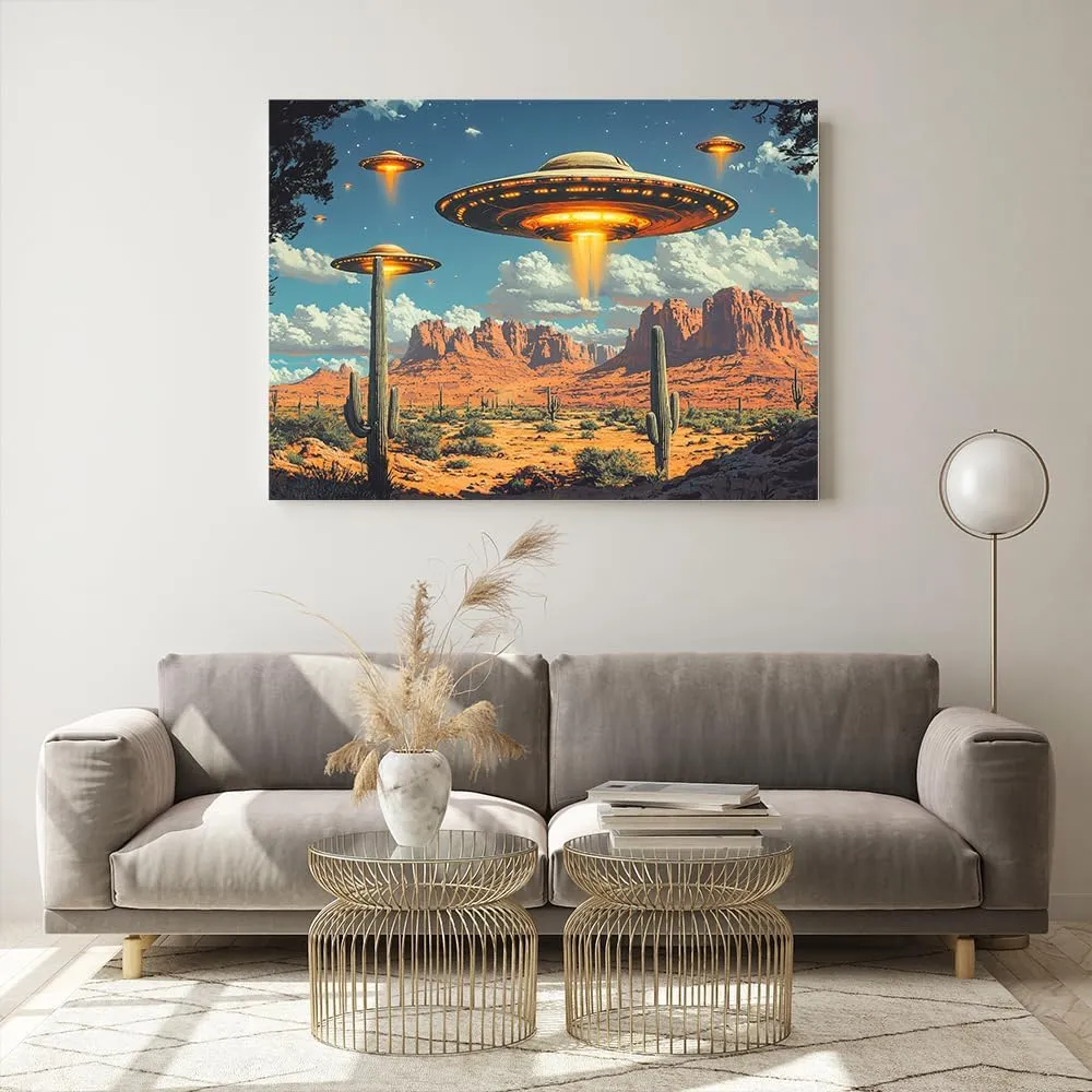ssangugu Alien UFO Spaceships Desert Landscape Canvas Art Print Poster,Retro Sci-Fi Flying Saucers Southwestern Cactus Sunset Poster-Frame-12x18inch(30x45cm)