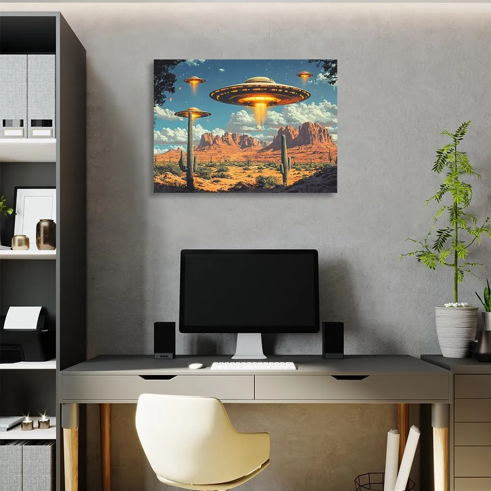 ssangugu Alien UFO Spaceships Desert Landscape Canvas Art Print Poster,Retro Sci-Fi Flying Saucers Southwestern Cactus Sunset Poster-Frame-12x18inch(30x45cm)