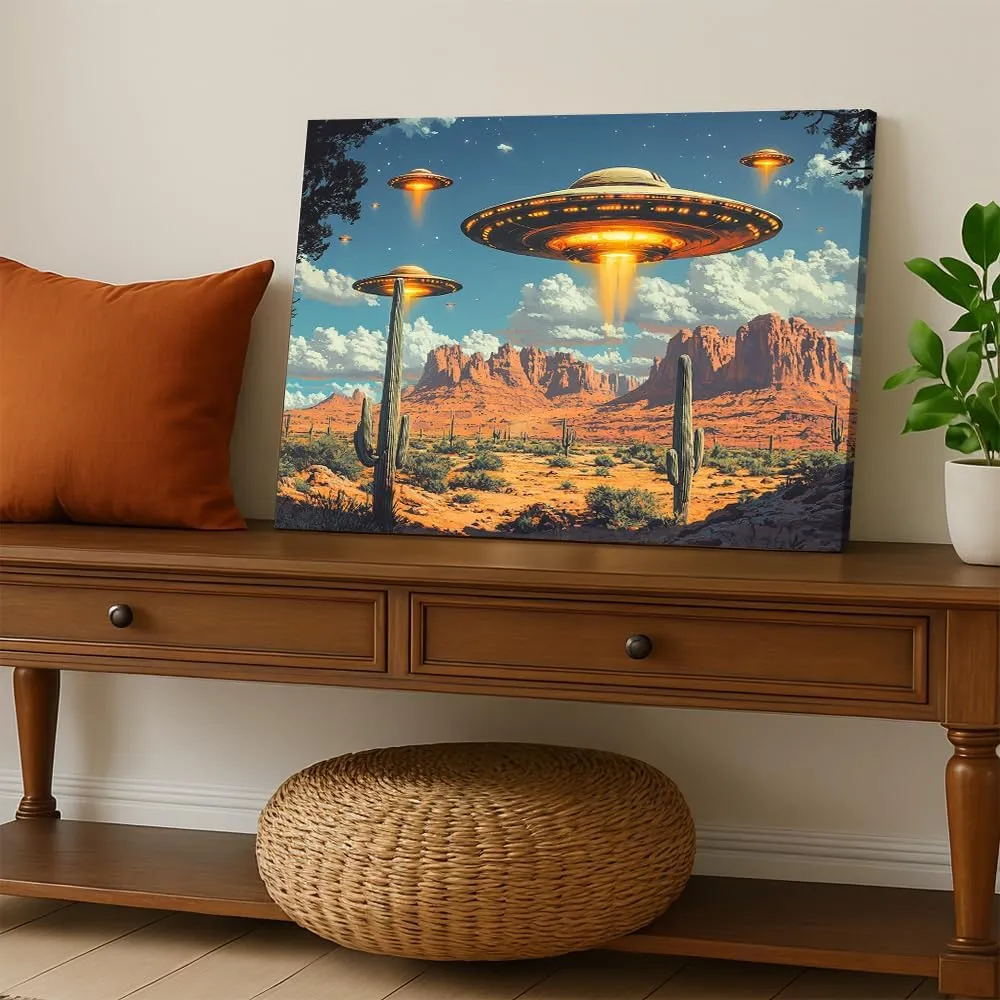 ssangugu Alien UFO Spaceships Desert Landscape Canvas Art Print Poster,Retro Sci-Fi Flying Saucers Southwestern Cactus Sunset Poster-Frame-12x18inch(30x45cm)