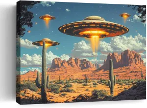 ssangugu Alien UFO Spaceships Desert Landscape Canvas Art Print Poster,Retro Sci-Fi Flying Saucers Southwestern Cactus Sunset Poster-Frame-12x18inch(30x45cm)