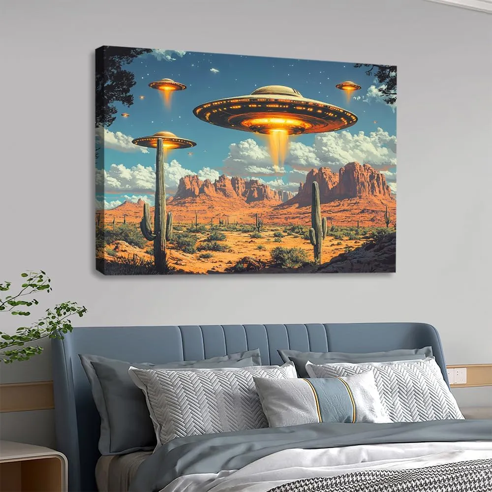 ssangugu Alien UFO Spaceships Desert Landscape Canvas Art Print Poster,Retro Sci-Fi Flying Saucers Southwestern Cactus Sunset Poster-Frame-12x18inch(30x45cm)