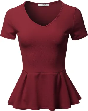 SSOULM Women's Classic Stretchy Short Sleeve Flare Peplum Blouse Top with Plus Size