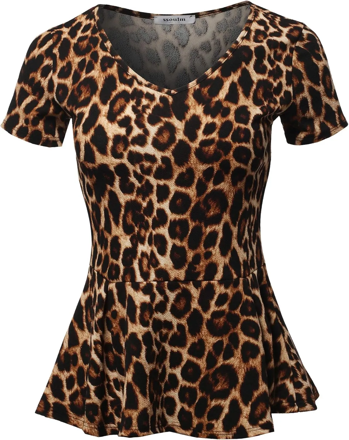 SSOULM Women's Classic Stretchy Short Sleeve Flare Peplum Blouse Top with Plus Size