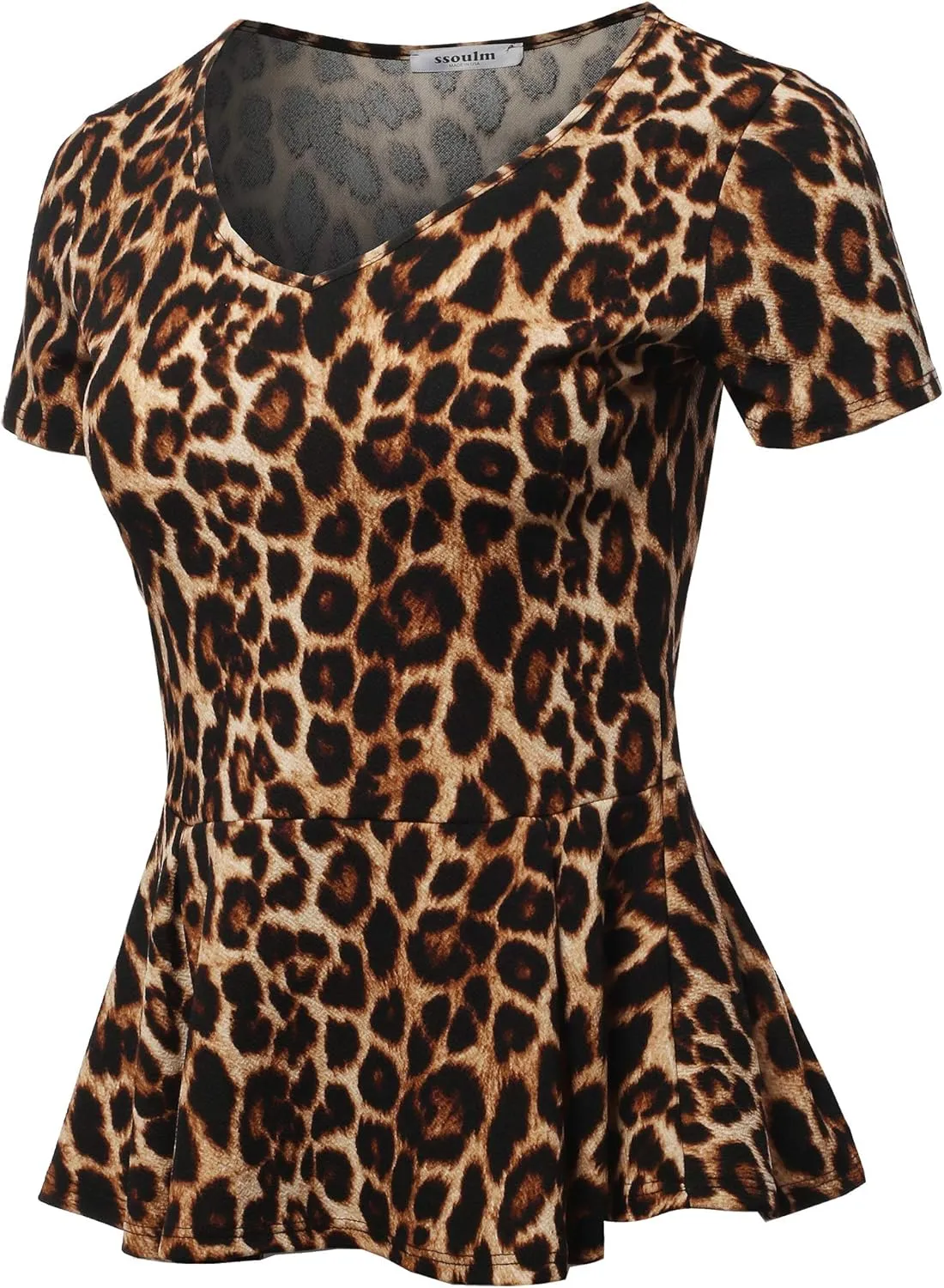 SSOULM Women's Classic Stretchy Short Sleeve Flare Peplum Blouse Top with Plus Size