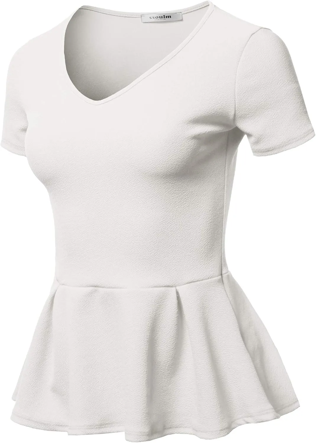 SSOULM Women's Classic Stretchy Short Sleeve Flare Peplum Blouse Top with Plus Size