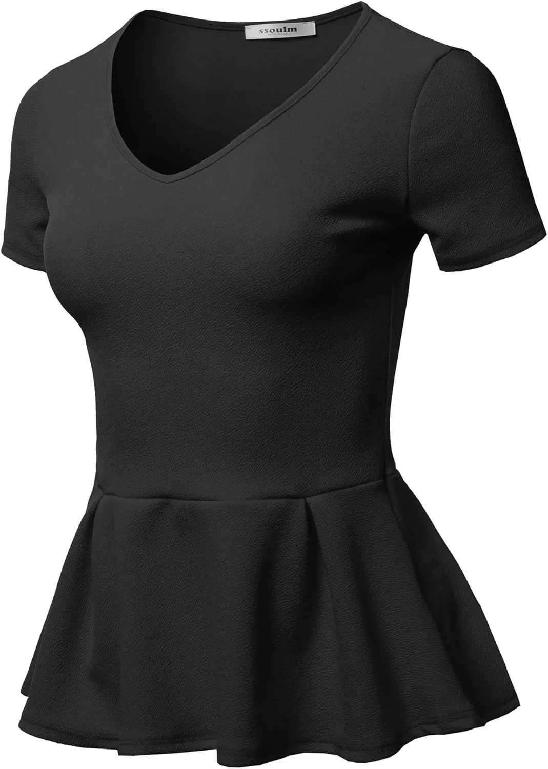 SSOULM Women's Classic Stretchy Short Sleeve Flare Peplum Blouse Top with Plus Size