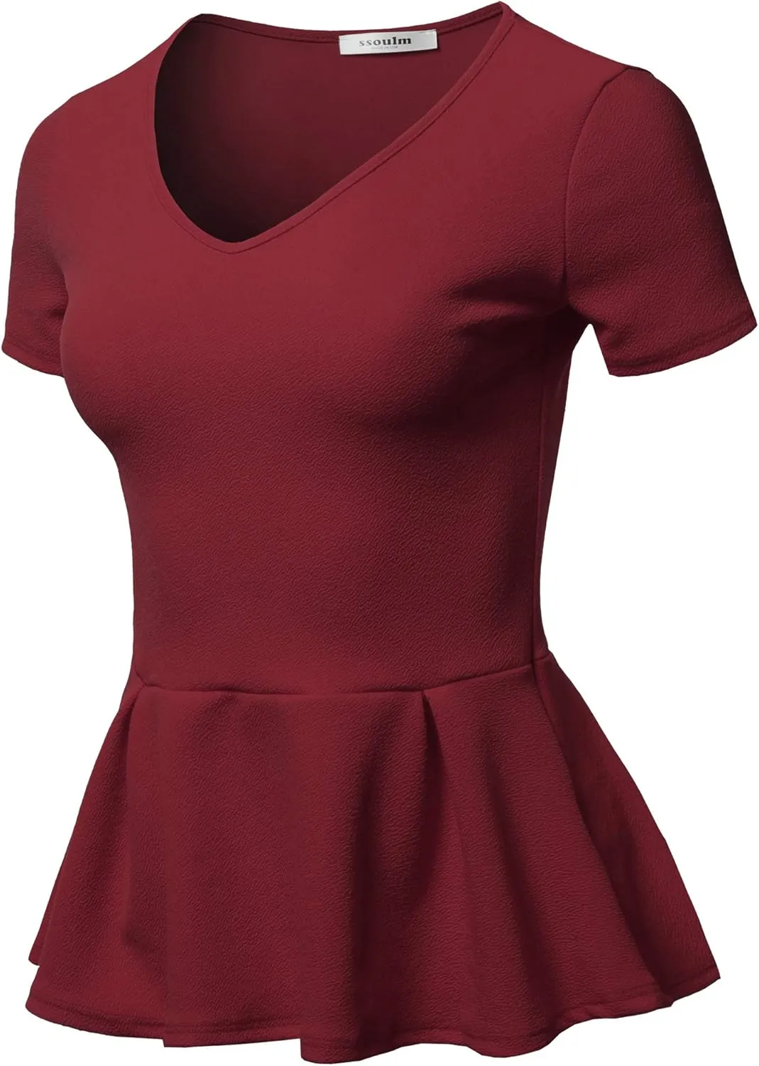 SSOULM Women's Classic Stretchy Short Sleeve Flare Peplum Blouse Top with Plus Size