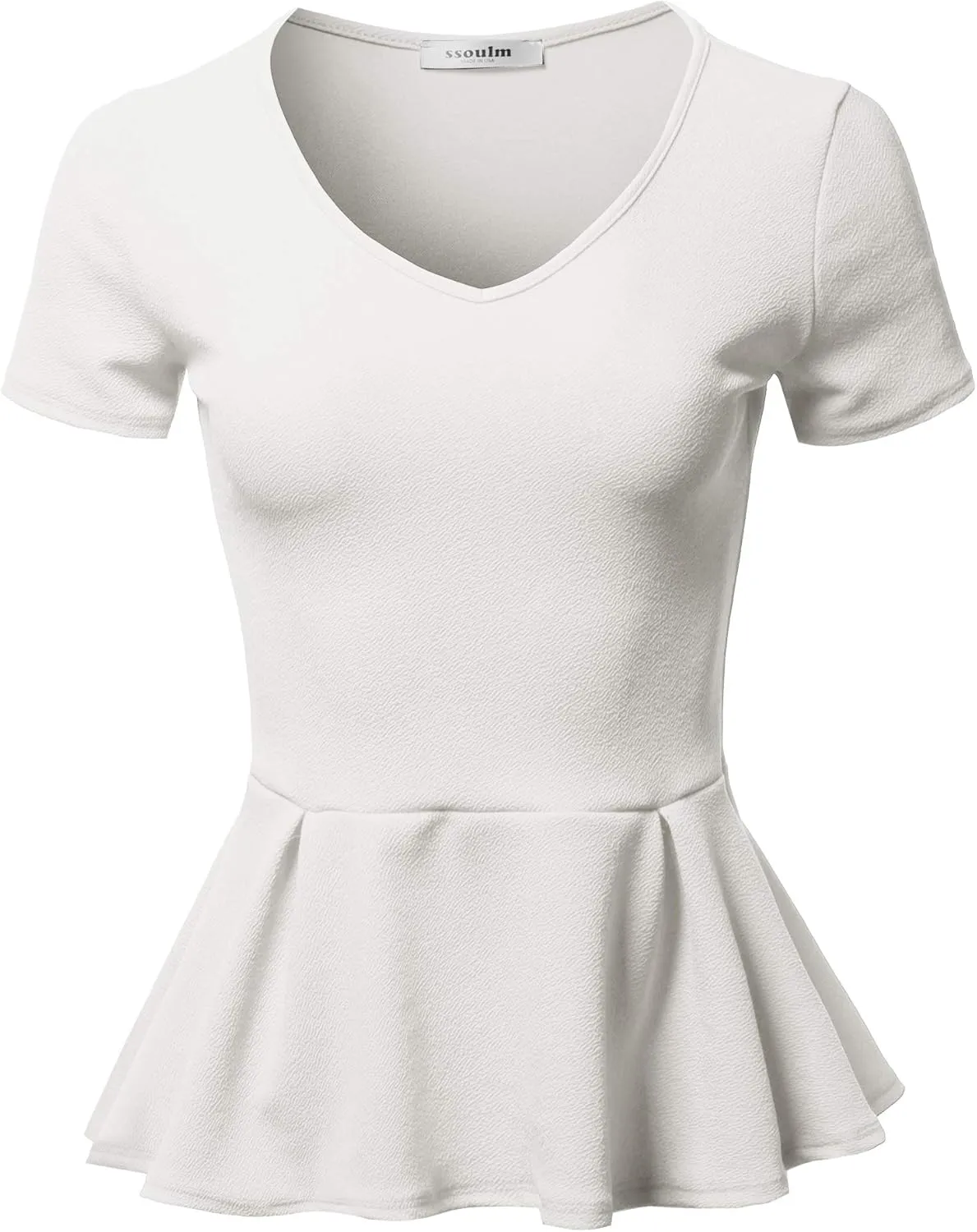SSOULM Women's Classic Stretchy Short Sleeve Flare Peplum Blouse Top with Plus Size