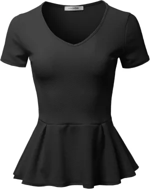 SSOULM Women's Classic Stretchy Short Sleeve Flare Peplum Blouse Top with Plus Size