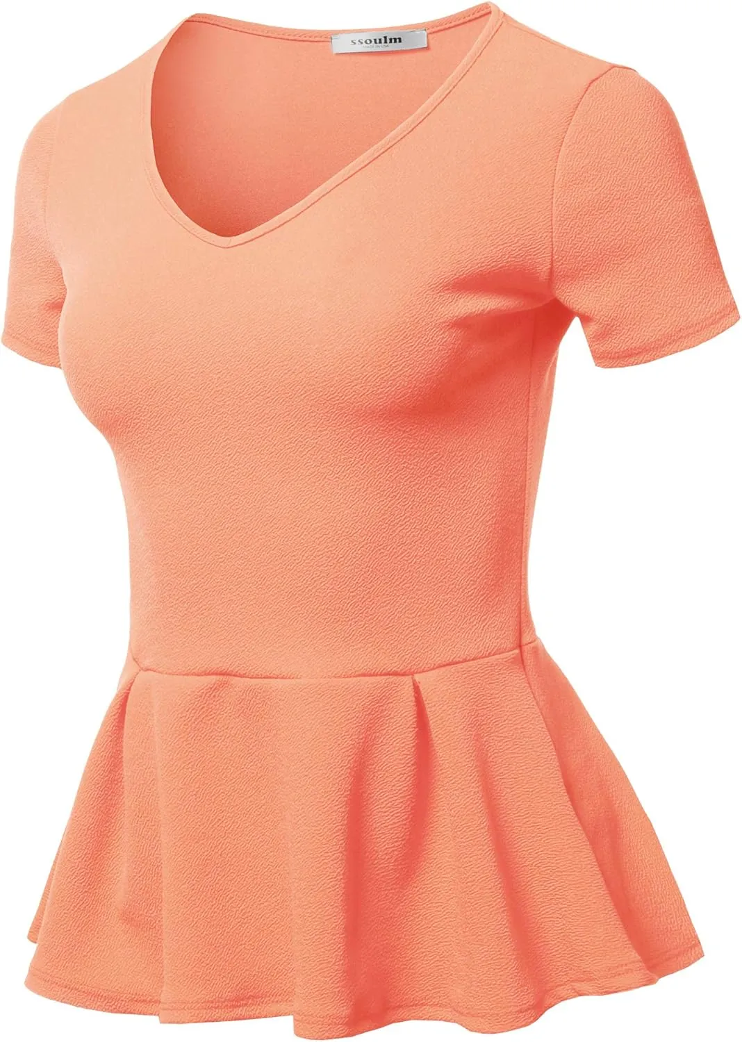 SSOULM Women's Classic Stretchy Short Sleeve Flare Peplum Blouse Top with Plus Size