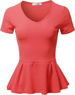 SSOULM Women's Classic Stretchy Short Sleeve Flare Peplum Blouse Top with Plus Size