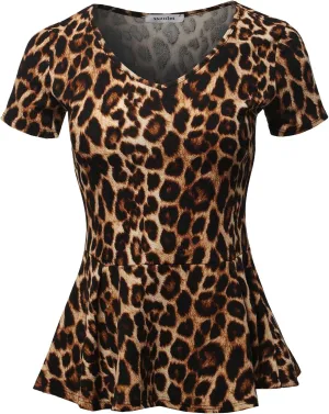 SSOULM Women's Classic Stretchy Short Sleeve Flare Peplum Blouse Top with Plus Size
