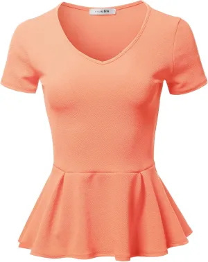 SSOULM Women's Classic Stretchy Short Sleeve Flare Peplum Blouse Top with Plus Size